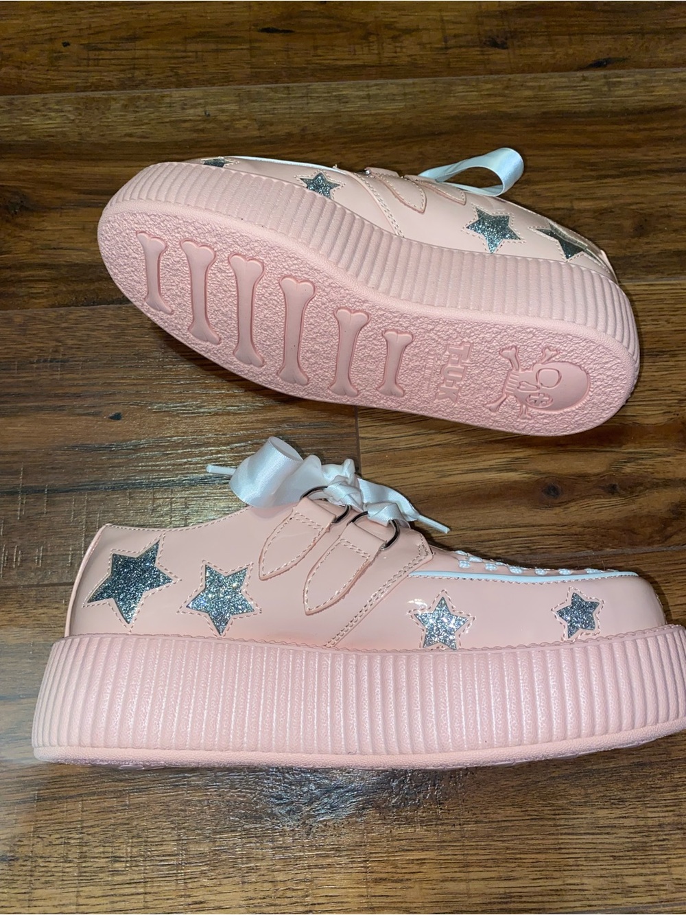 Dolls Kill Pink Patent Platform Creepers with Satin Ribbon Laces - Picture 2 of 3